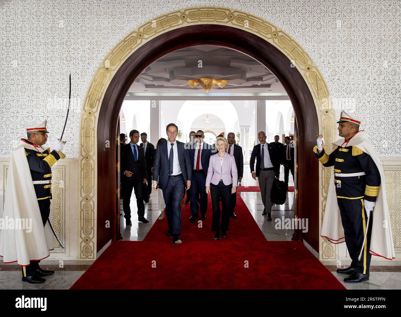 TUNIS - Prime Minister Mark Rutte, together with President Ursula von der Leyen of the European Commission and Italian Prime Minister Giorgia Meloni, visits Tunisian President Kais Saied. The European Union wants to make agreements with the North African country to curb illegal migration. ANP KOEN VAN WEEL netherlands out - belgium out Stock Photo