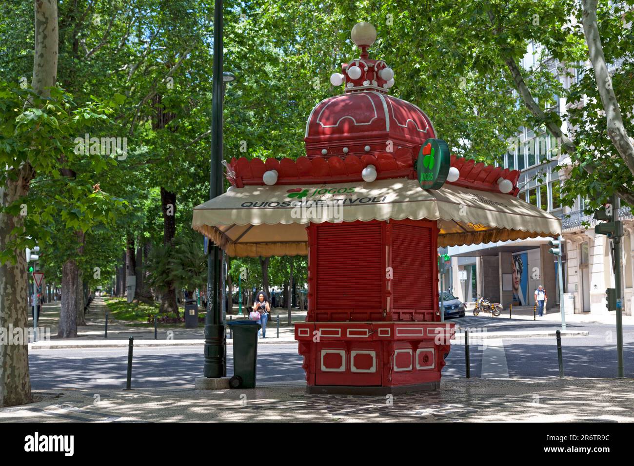 Lisbon, Portugal - June 02 2018: Traditional kiosk shop in the city centre of Lisbon outside of the Tivoli Hotel. There is 4 types of kiosk in Lisbon, Stock Photo