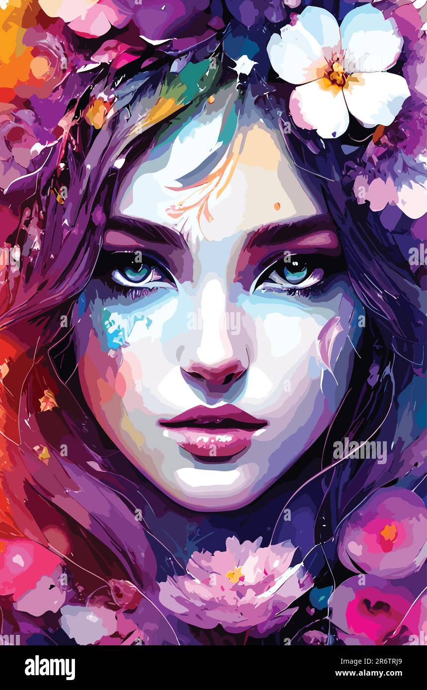 beautiful women portrait with flowers vector art wallpaper in colorful