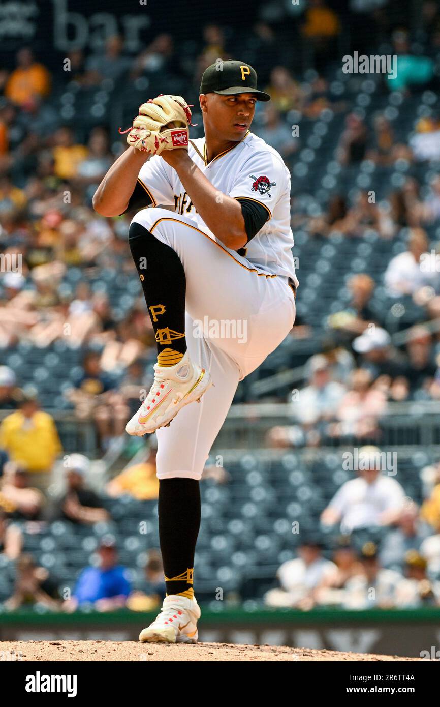 Pittsburgh Pirates starting pitcher Johan Oviedo (24) delivers against the  Texas Rangers in the fourth inning of a baseball game, Wednesday, May 24,  in Pittsburgh. Texas Rangers won 3-2. (AP Photo/Barry Reeger