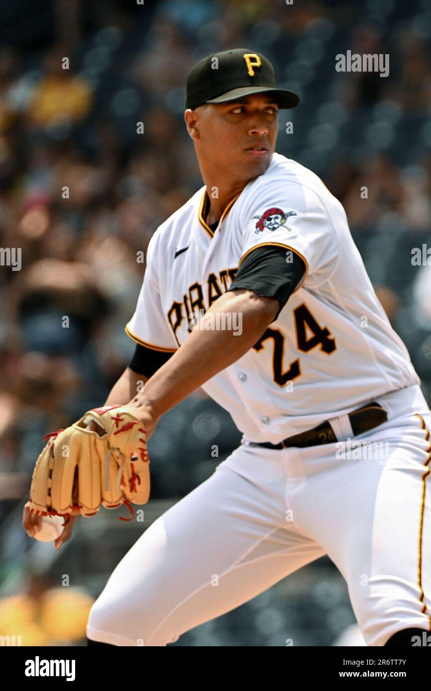 Pittsburgh Pirates starting pitcher Johan Oviedo (24) delivers against the  Texas Rangers in the fourth inning of a baseball game, Wednesday, May 24,  in Pittsburgh. Texas Rangers won 3-2. (AP Photo/Barry Reeger