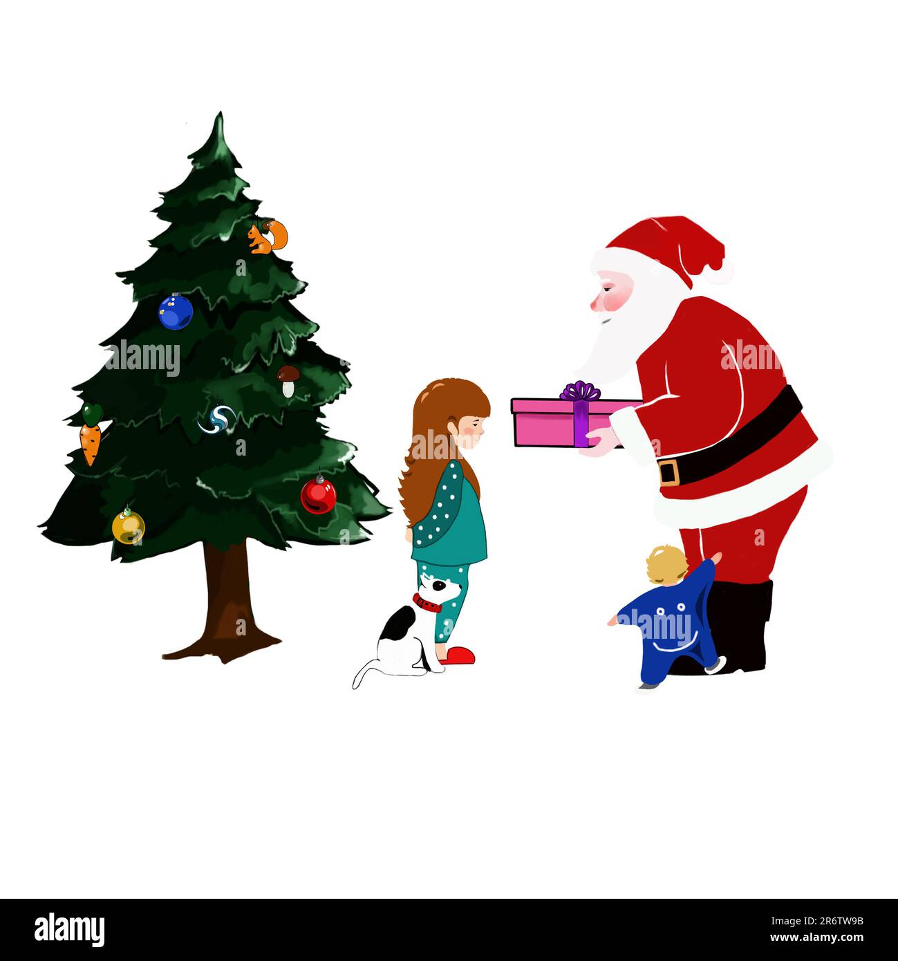 Santa Claus gives a girl a gift, little brother also wants a gif. llustrations drawn by hand. for the design of postcards, booklets, clothes, dishes Stock Photo