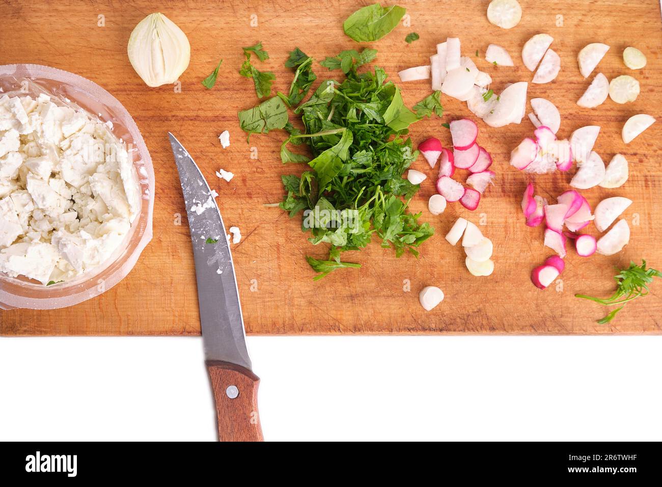 Premium Photo  Watercress salad radish knife on wooden board