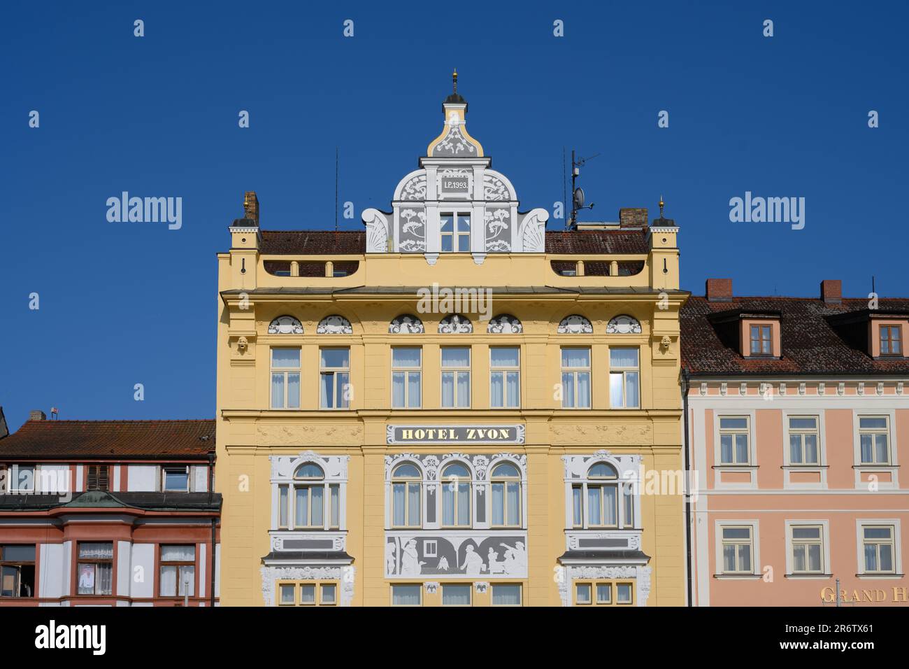 Ceske Budejovice, Bohemia, Czech Republic - May 28 2023: Hotel Zvon, a Grandhotel on Premysl Otakar II Square. Stock Photo