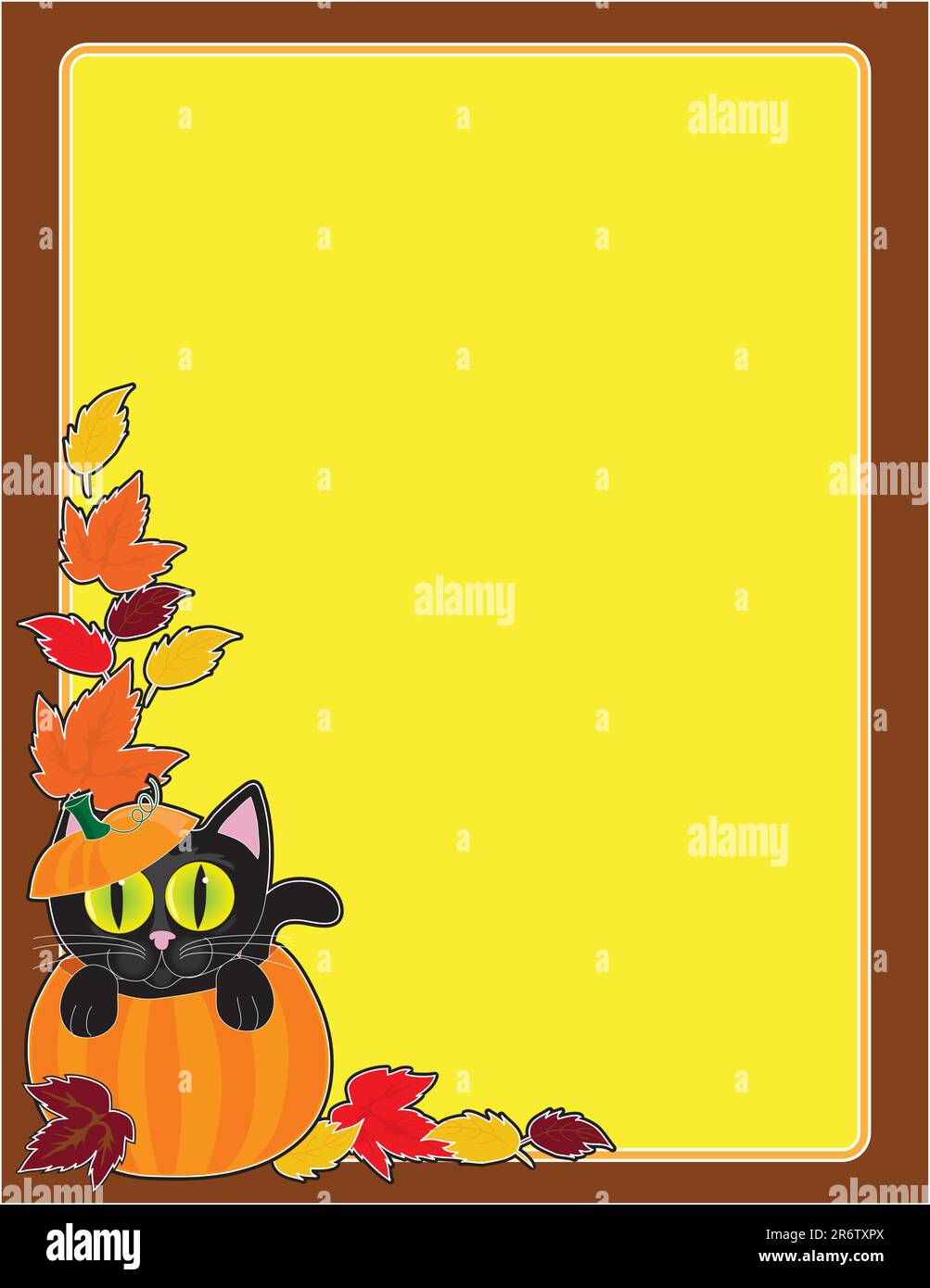 A black cat sitting in a pumpkin in the corner of a Halloween frame