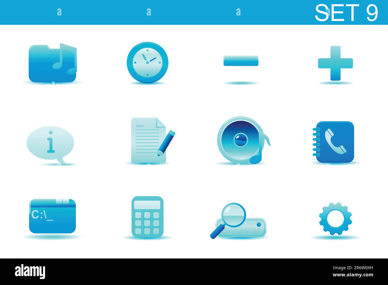 Vector illustration ? set of blue elegant simple icons for common computer and media devices functions. Set-9 Stock Vector