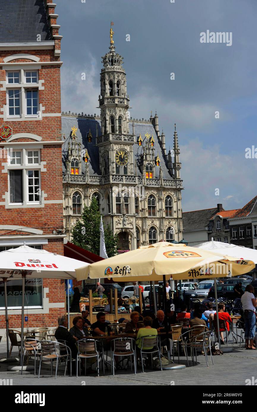 Street cafe in front of town hall, Oudenaarde, East Flanders, Belgium, Flanders Stock Photo