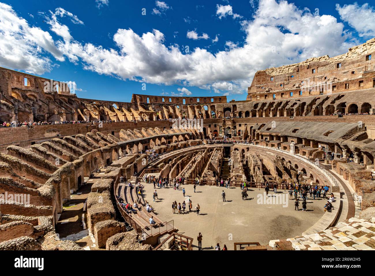 The arena and hypogeum inside The Colosseum in Rome, the largest amphitheatre built during the
