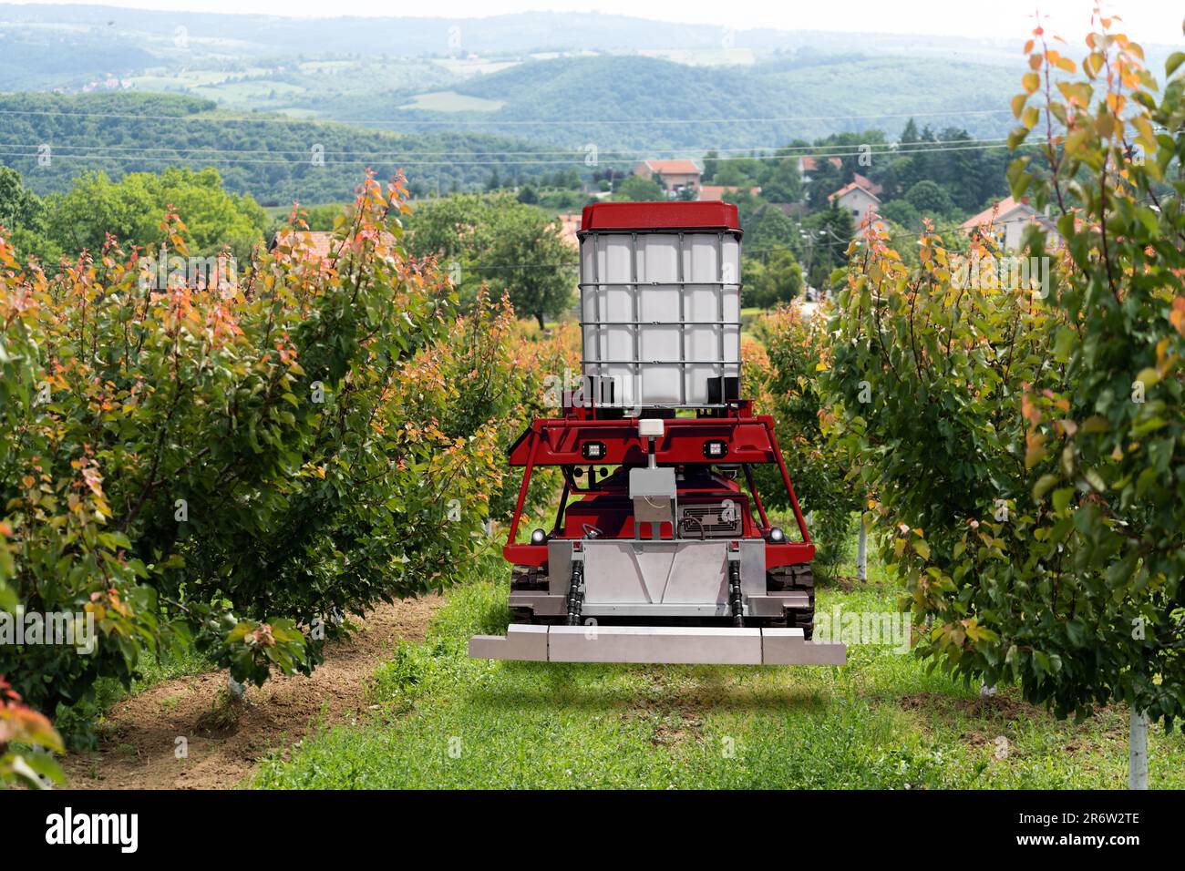 Autonomous robot sprayer works in a fruit garden. Smart farming concept Stock Photo