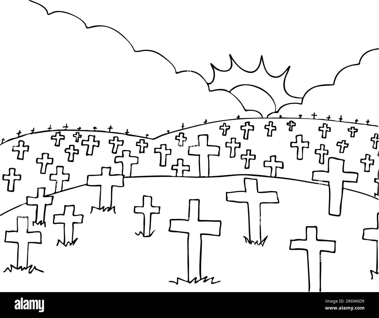 Peace image of a cemetery with white crosses - black and white version. Stock Vector