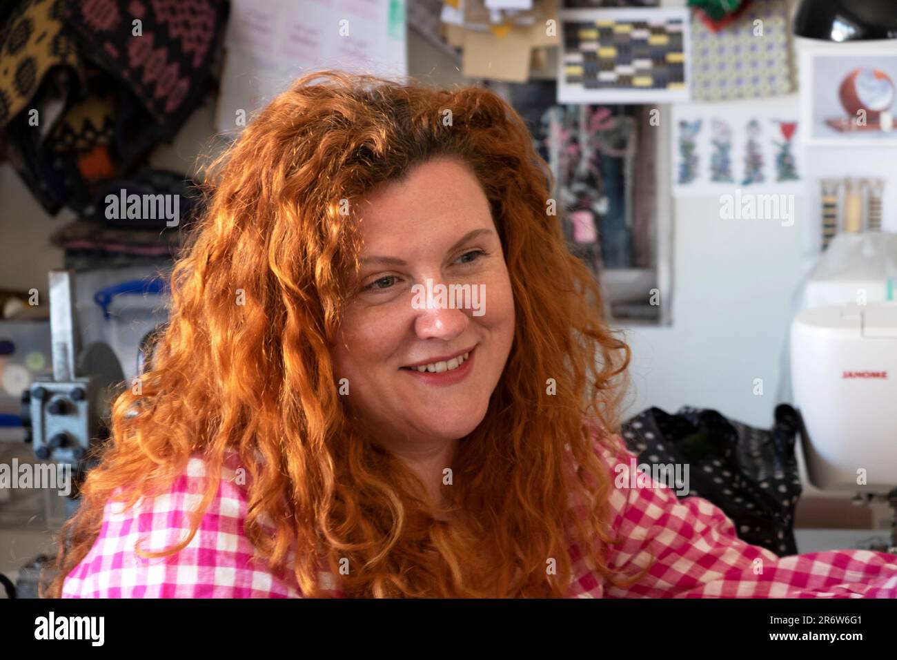 Stacey Grant-Canham of Black & Beech feminist fashion networking at The Welsh Girl shop during Hay Festival 2023 Hay-on-Wye Wales UK  KATHY DEWITT Stock Photo