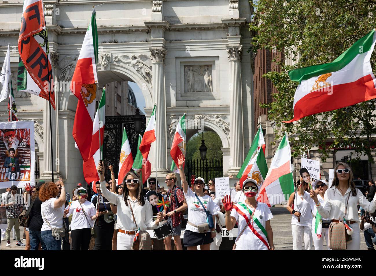 June 11, 2023, protestors in London march to the Iranian Embassy for democracy in Iran Stock Photo