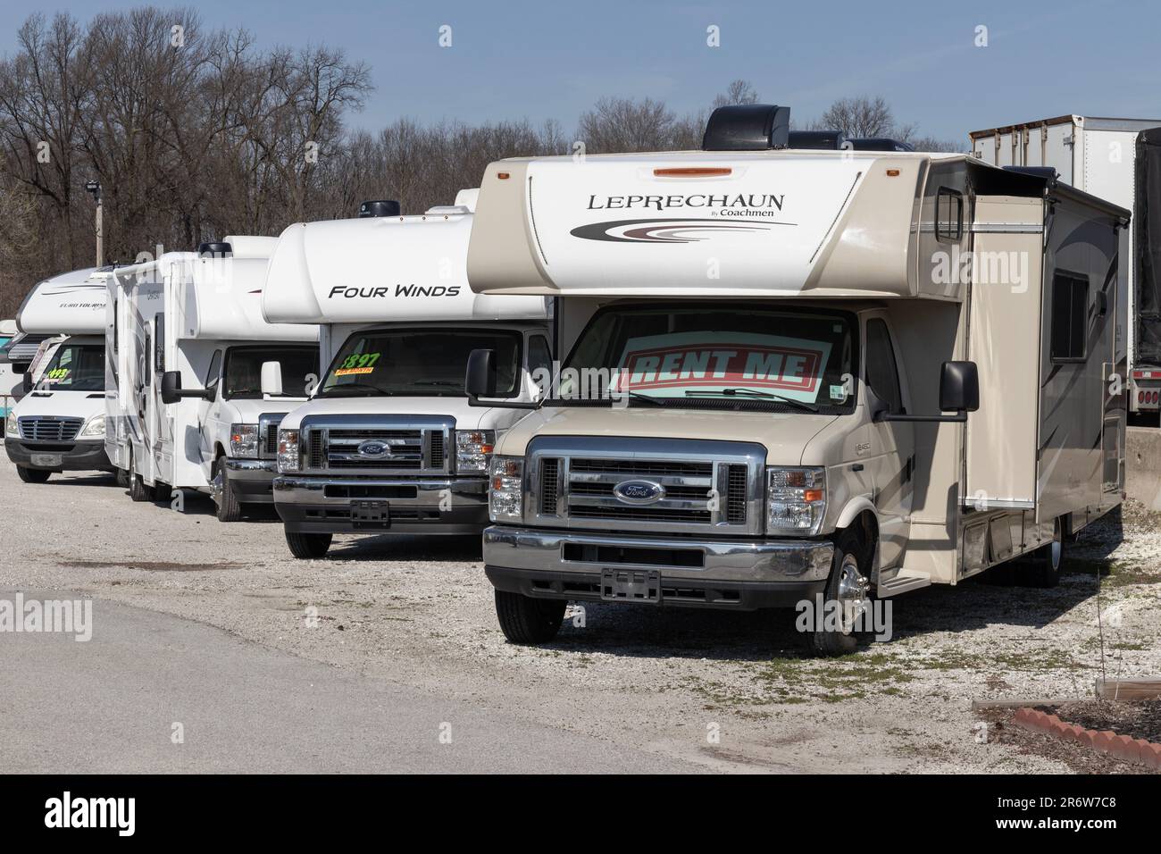 Lafayette - April 9, 2023: RV Motorhomes for rent at a dealership. Renting a motorhome is a cost effective way to see the country. Stock Photo