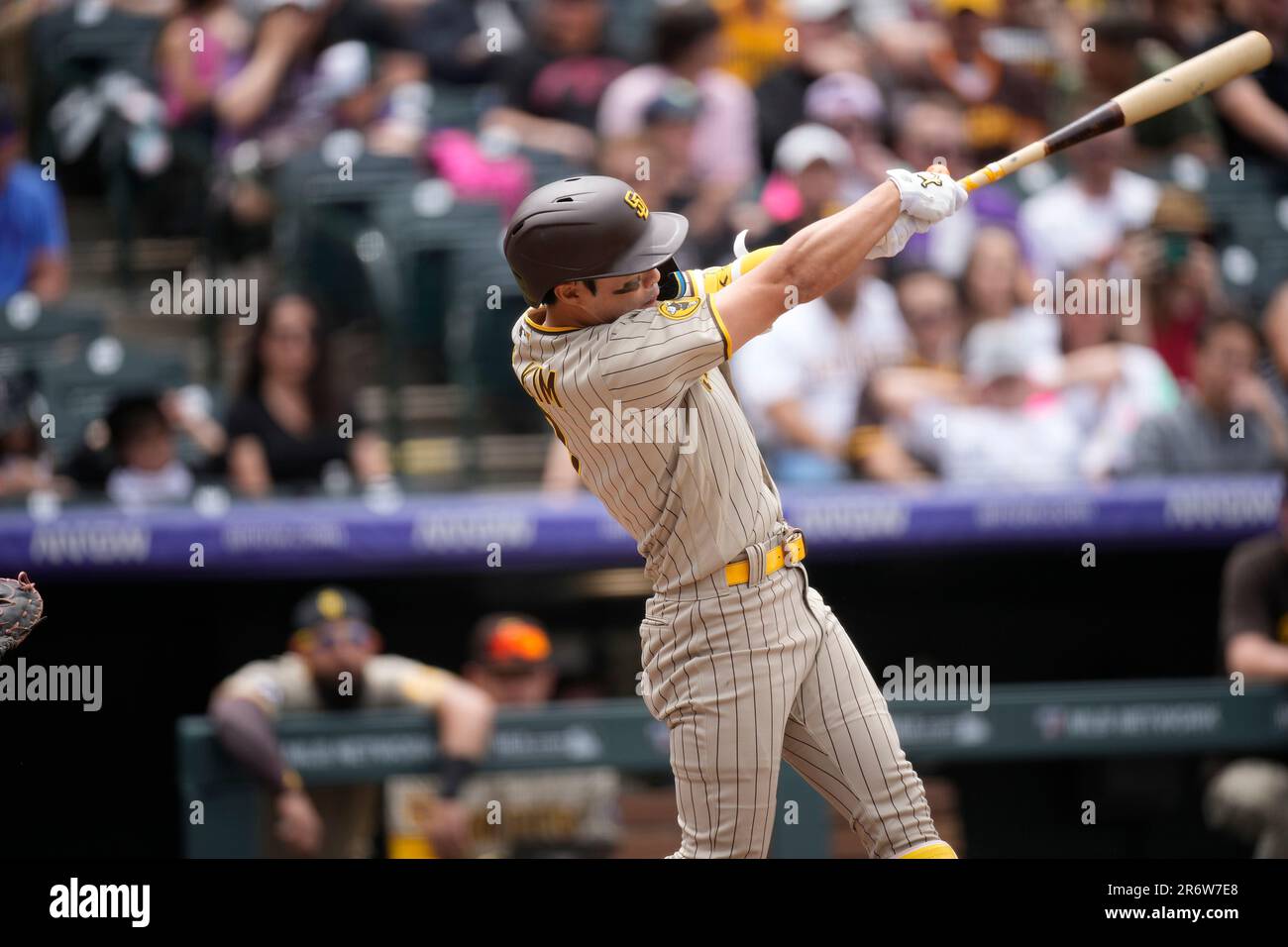 San Diego Padres' Ha-Seong Kim batting during the second inning of a  baseball game against the San Francisco Giants, Friday, July 8, 2022, in  San Diego. (AP Photo/Gregory Bull Stock Photo 