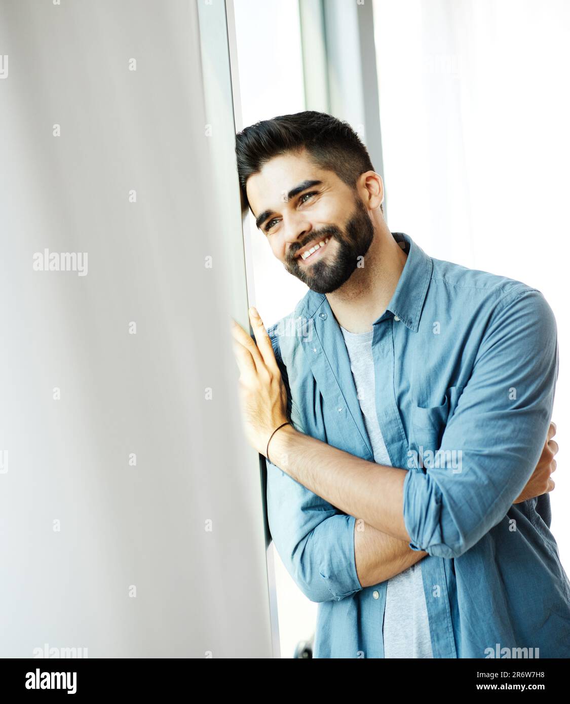 portrait man fashion model male posing young happy lifestyle handsome smiling shirt casual guy confident Stock Photo