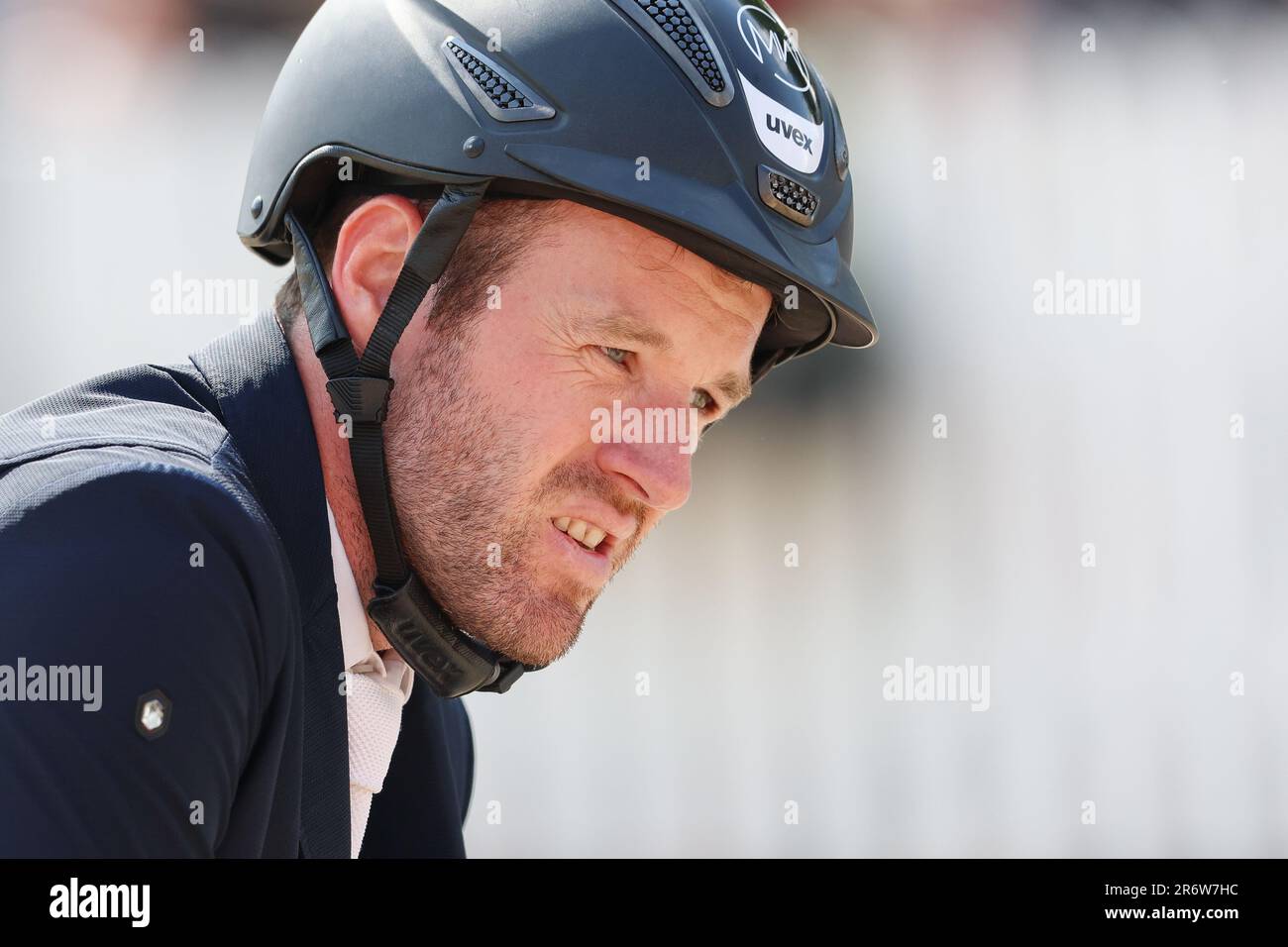 Balve, Germany. 11th June, 2023. Equestrian sport: German championship, show jumping. Show jumper Maximilian Weishaupt rides DSP Omerta Incipit at the German Show Jumping Championships. Credit: Friso Gentsch/dpa/Alamy Live News Stock Photo