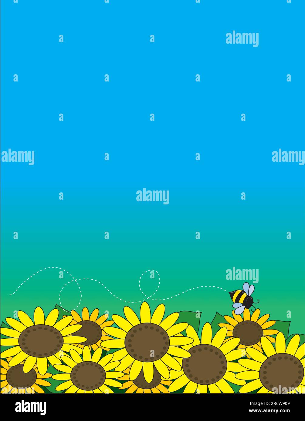A bed of sunflowers with a bee hovering over them Stock Vector