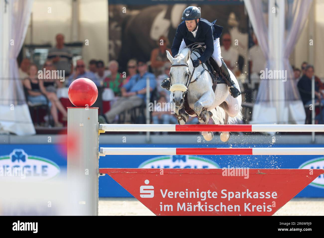 Balve, Germany. 11th June, 2023. Equestrian sport: German championship, show jumping. Show jumper Maximilian Weishaupt rides DSP Omerta Incipit at the German Show Jumping Championships. Credit: Friso Gentsch/dpa/Alamy Live News Stock Photo
