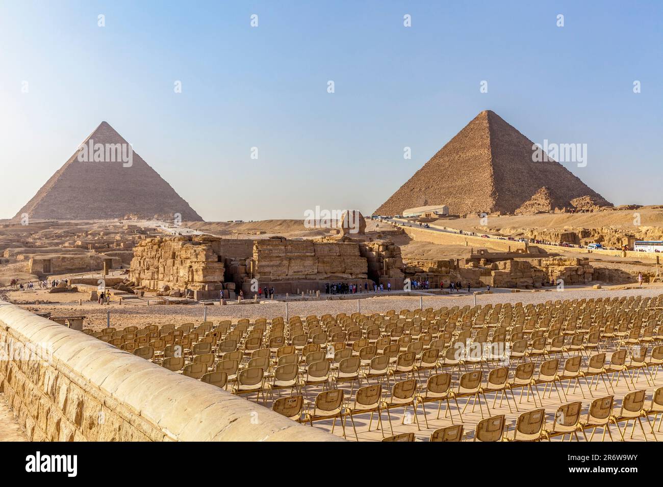 The Great Sphinx and pyramids of Khufu and Khafre, with seating for the Son et Lumière, Giza, Cairo Stock Photo