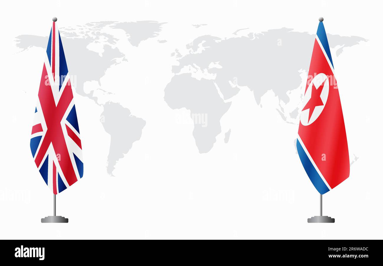 United Kingdom and North Korea flags for official meeting against background of world map. Stock Vector