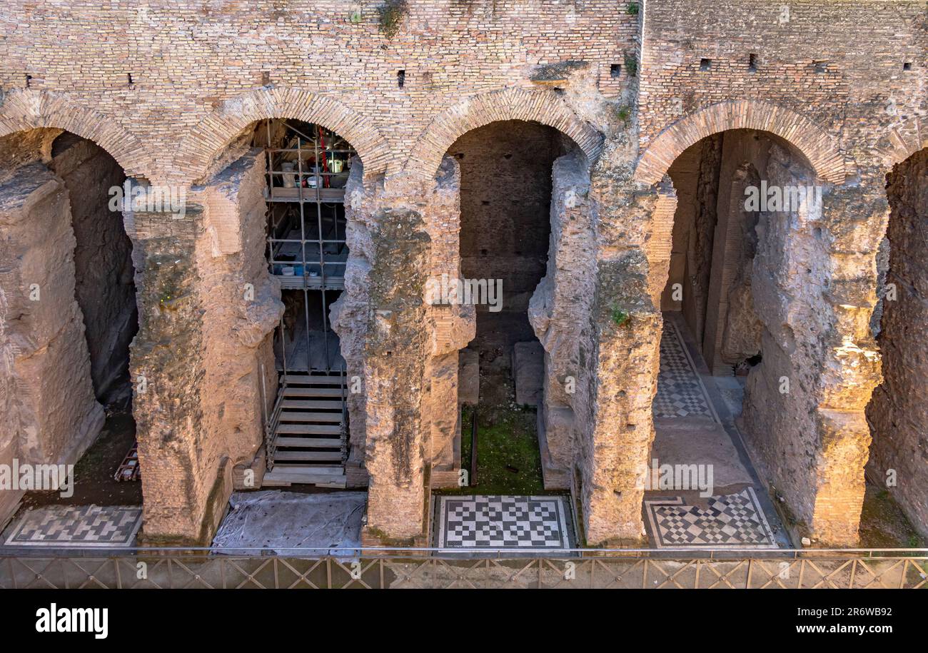 Close up of the arches of  Domus Tiberiana an Imperial Roman palace in ancient Rome showing the arches and mosaic floors, Palatine Hill, Rome ,Italy Stock Photo