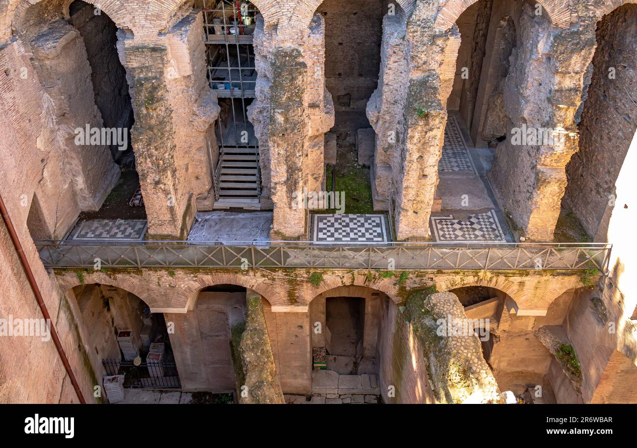Close up of the arches of  Domus Tiberiana an Imperial Roman palace in ancient Rome showing the arches and mosaic floors, Palatine Hill, Rome ,Italy Stock Photo