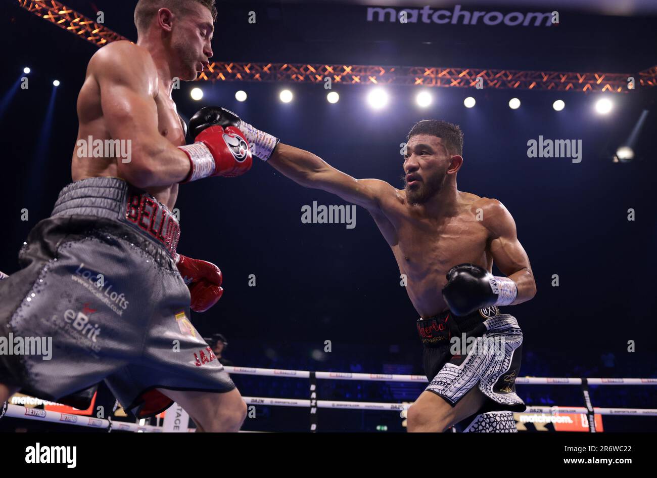 Youssef Khoumari (right) hits out at Reece Bellotti during British ...