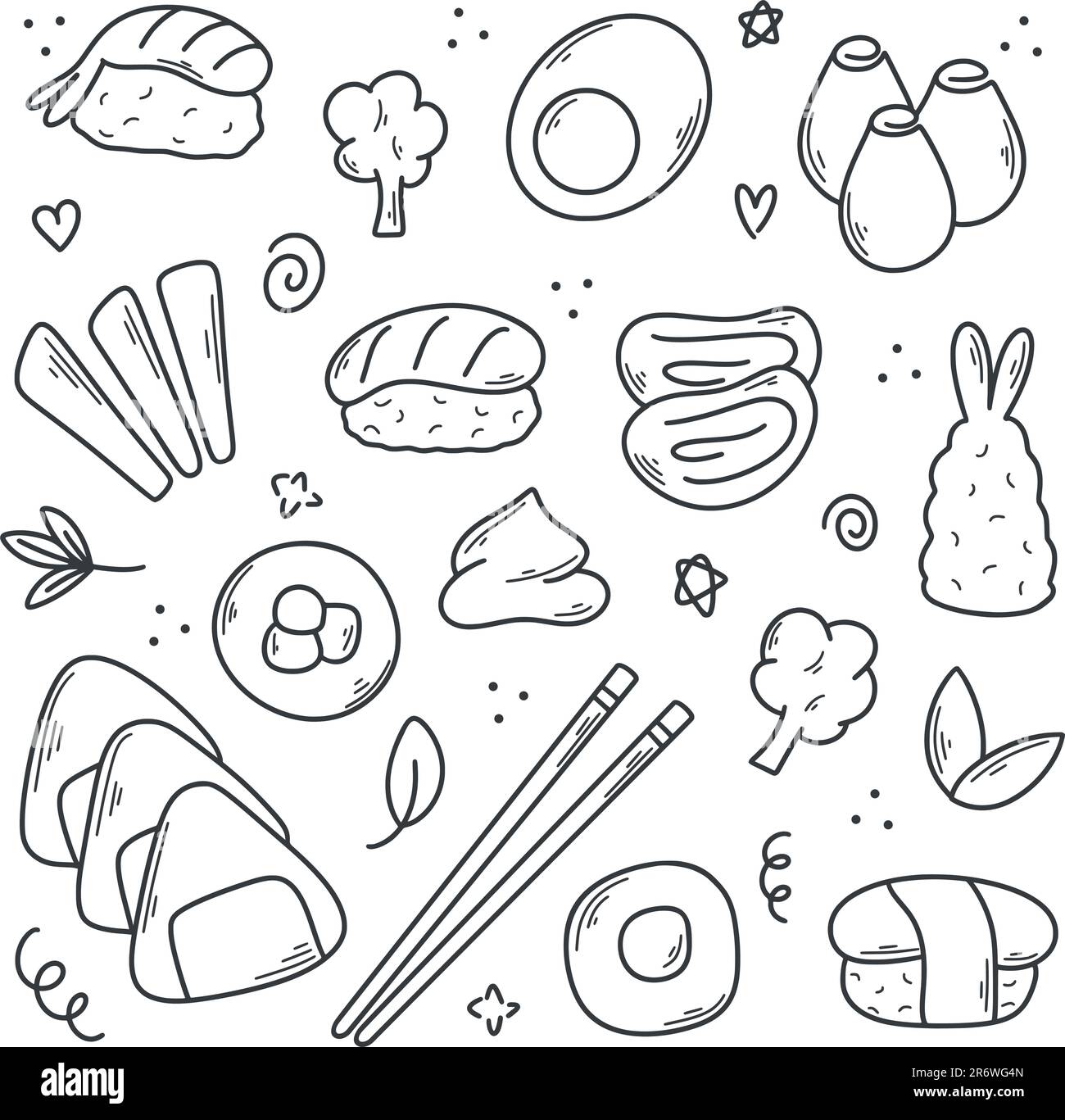 Japanese cuisine hand drawn set. Asian food ingredients. Simple ink