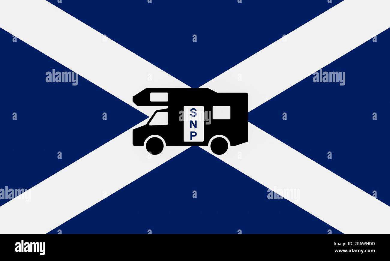 Flag of Scotland with SNP motorhome. Police investigation, arrests...concept Stock Photo