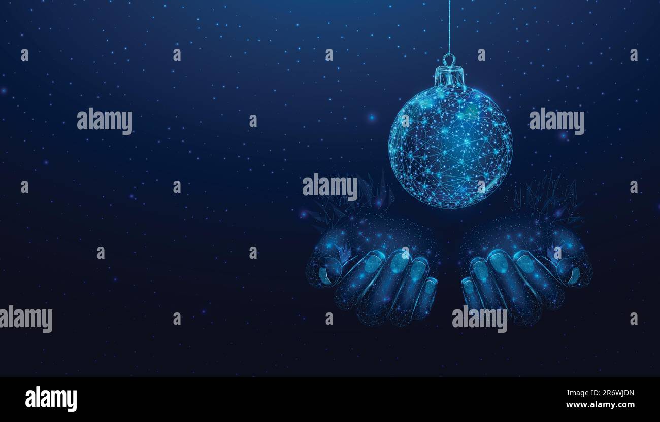 Two hands are holding a Christmas ball. Wireframe glowing low poly design on a blue background. Abstract futuristic vector illustration Stock Vector