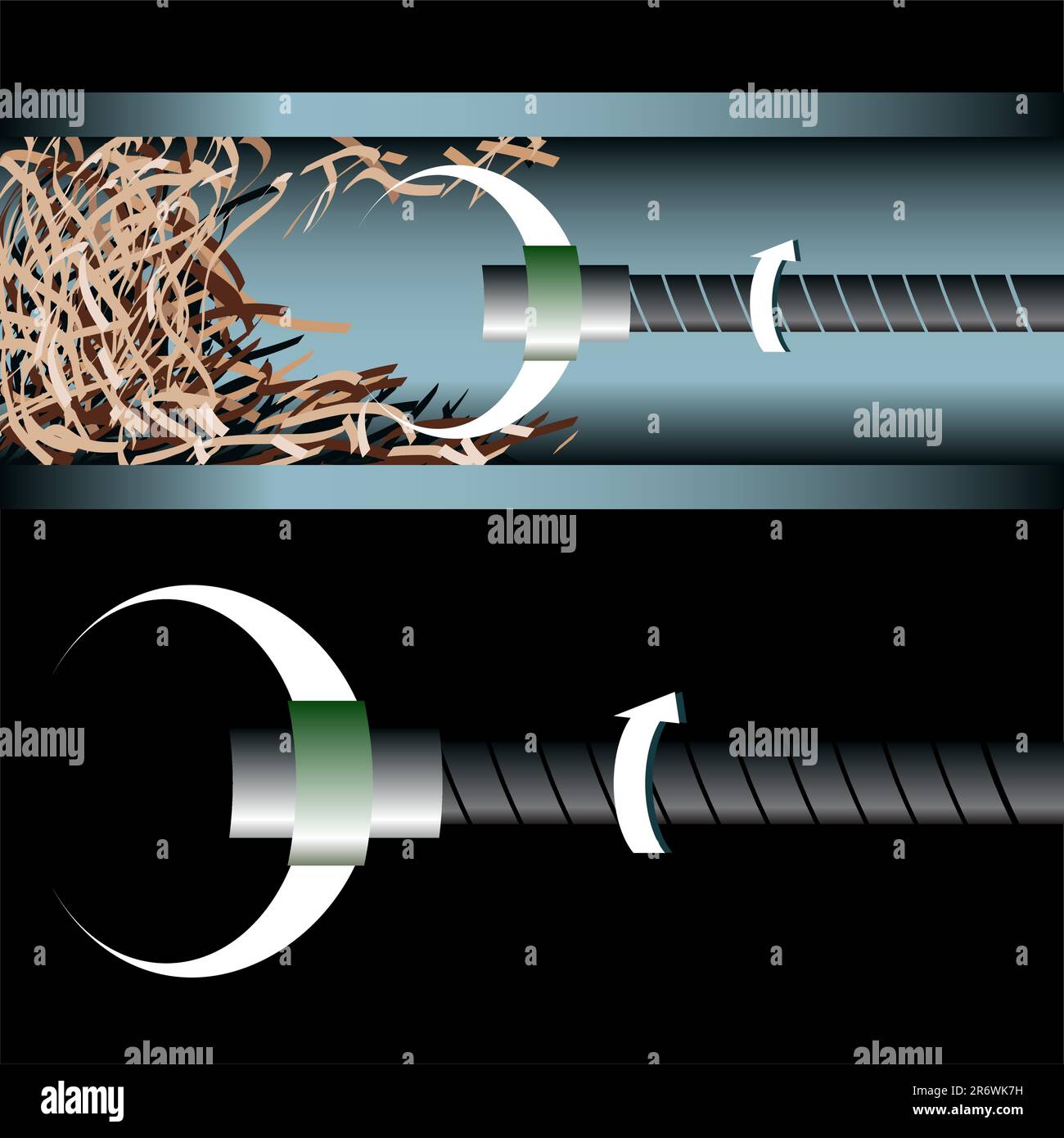 3D image of a plumbing device cleaning an underground pipe Stock Vector