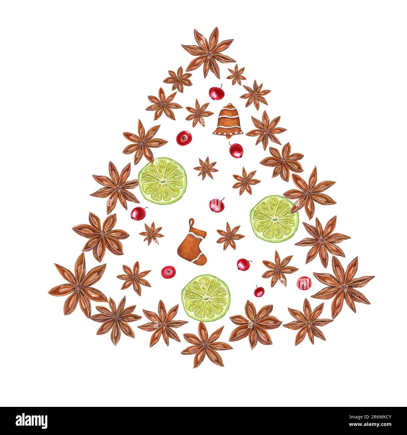 Watercolor illustration of Christmas tree figure composed of star anise ...
