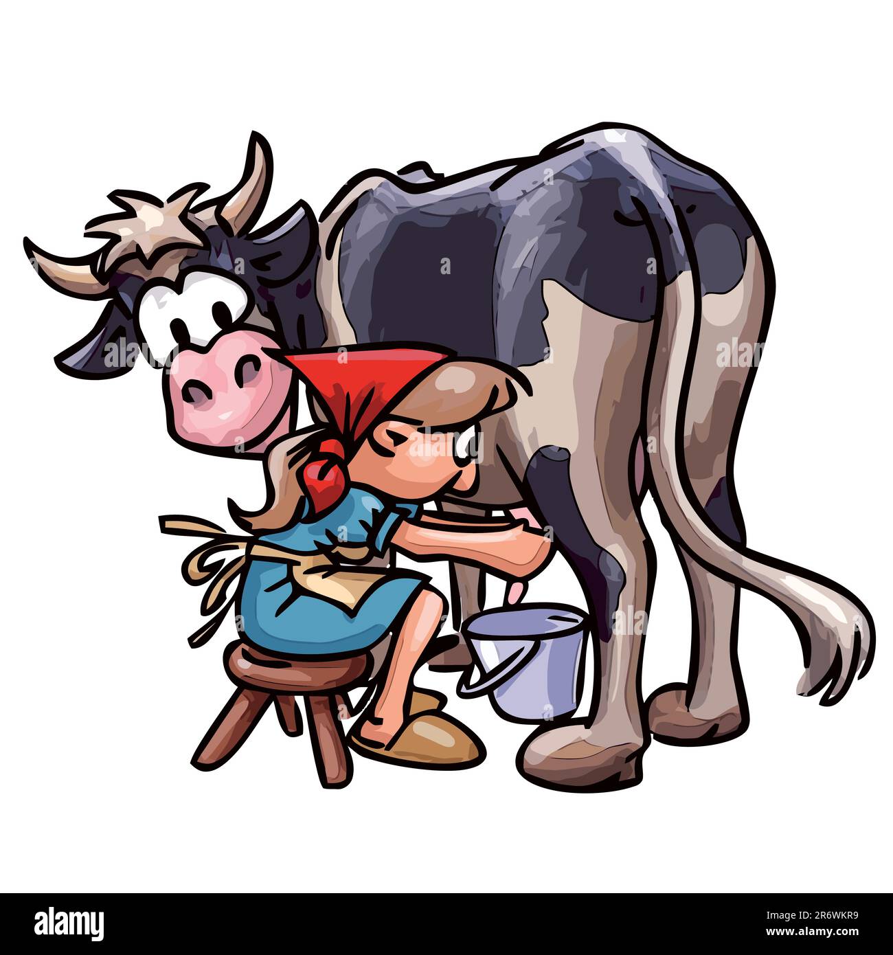 a peasant woman milking cow - cartoon illustration, isolated on white background Stock Vector