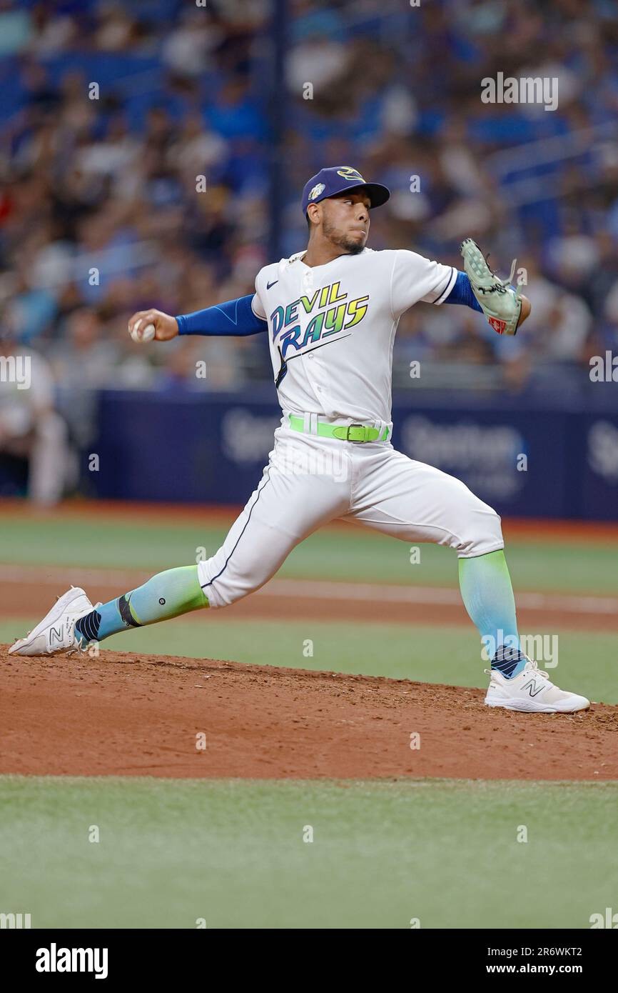 St. Petersburg, USA. 09th June, 2022. St. Petersburg, FL USA; Tampa Bay Rays  shortstop Wander Franco (5) fields and throws out Texas Rangers third  baseman Josh Jung (6) at first base during