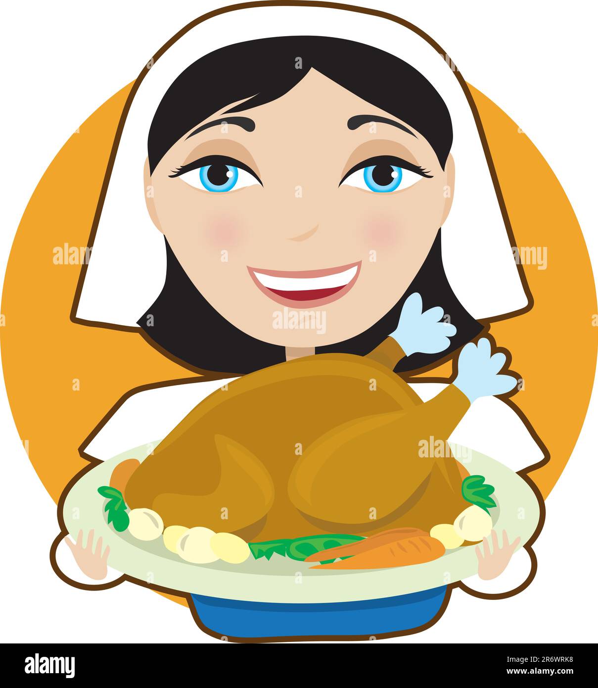A woman pilgrim is holding a large turkey on a platter Stock Vector