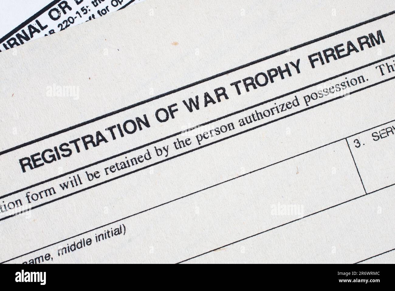 Registration of war trophy firearm form. US Army old paper background