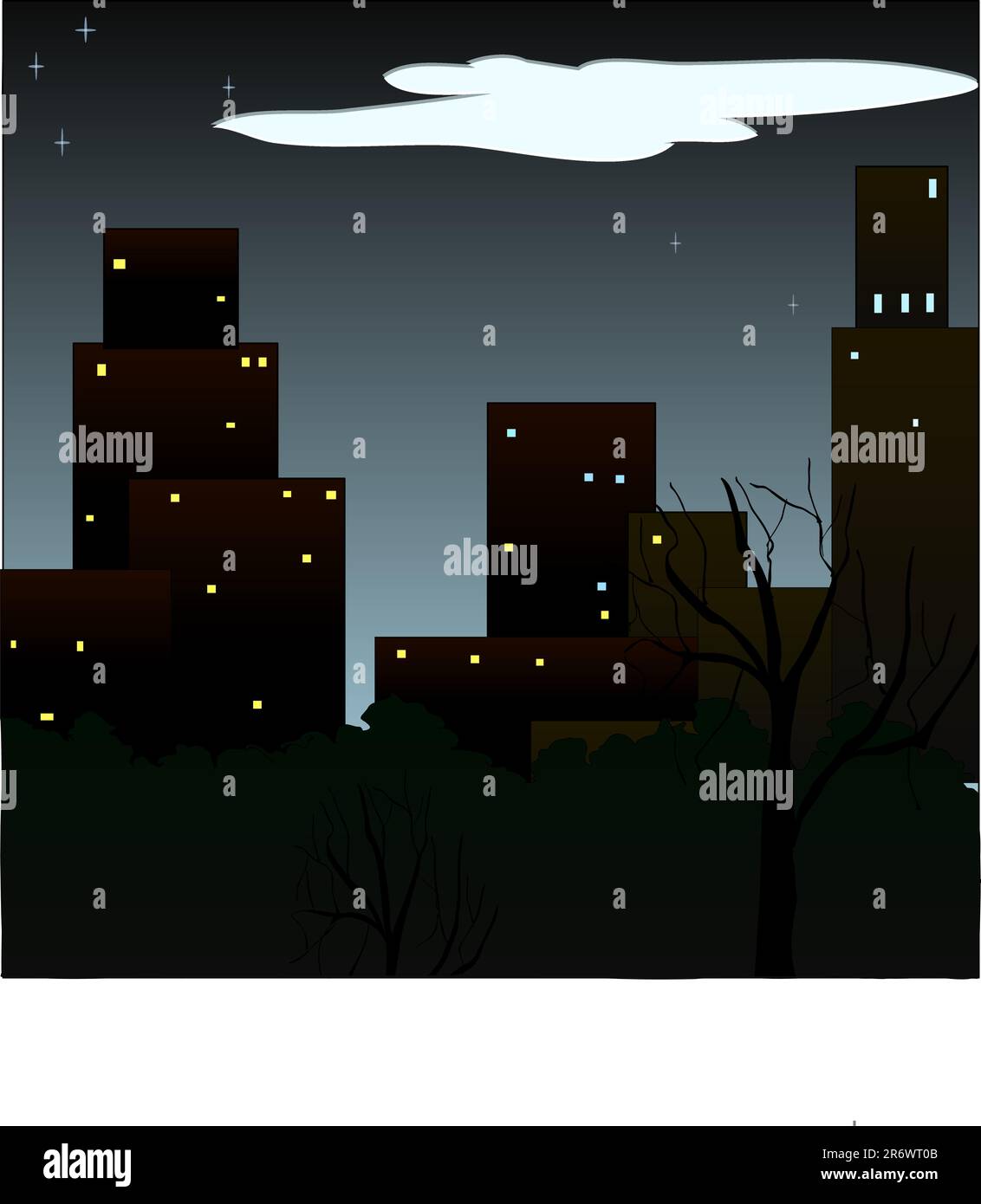 Glowing windows of buildings, stars in night sky. View from window on city  night landscape. Light of the windows in tall buildings, starry sky.  Abstract background, wallpaper. Vector illustration Stock Vector