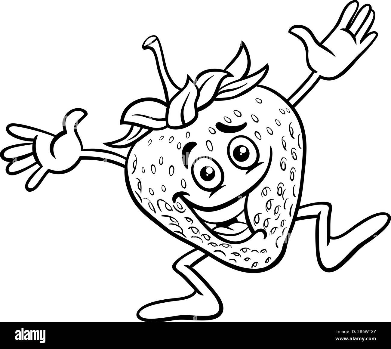 Black and white cartoon illustration of happy strawberry fruit comic character coloring page Stock Vector