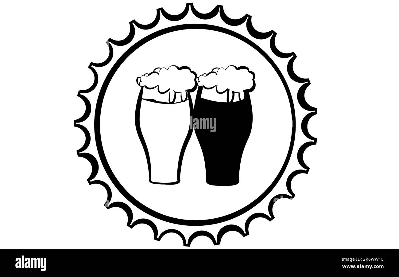 Two beer glasses with dark and light beer on the background of a beer cork. Black and white drawing. in the Vector illustration. Logo for a bar, beer Stock Vector