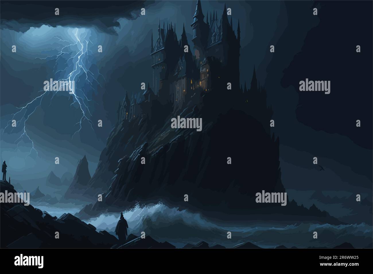 sinister, gothic castle perched on a cliff overlooking a stormy sea. Lightning illuminates the sky, casting eerie shadows on the castle's towers and Stock Vector