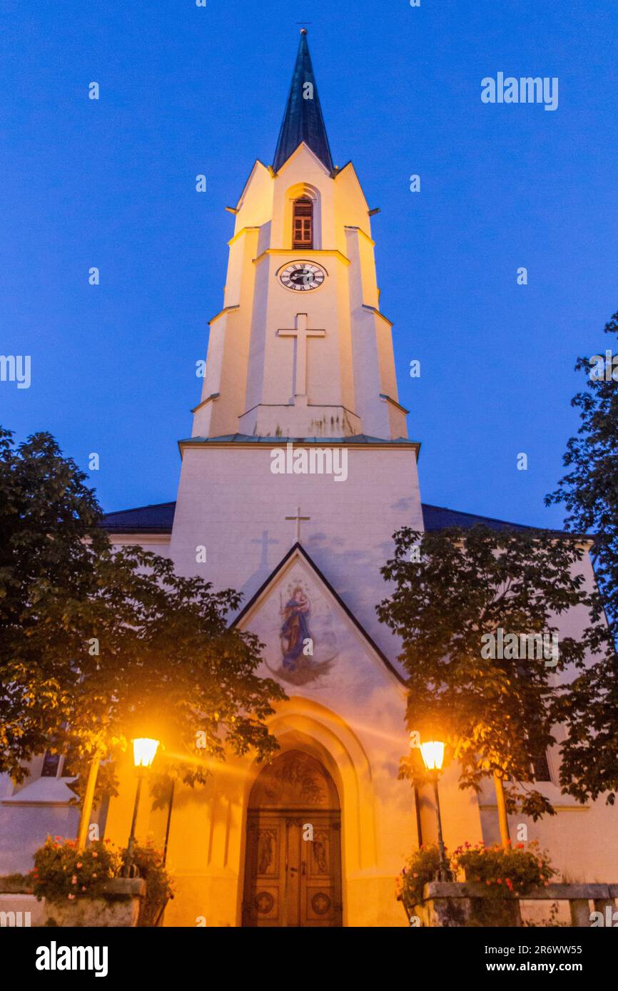 Evening view of Maria Himmelfahrt church in Garmisch-Partenkirchen, Bavaria state, Germany. Stock Photo