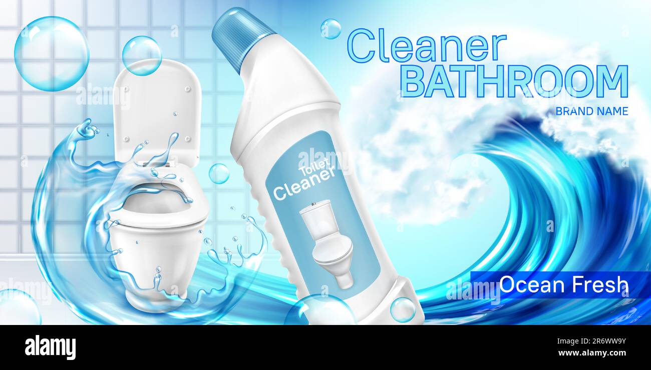 Toilet cleaner bottle in water wave. Vector realistic brand poster with