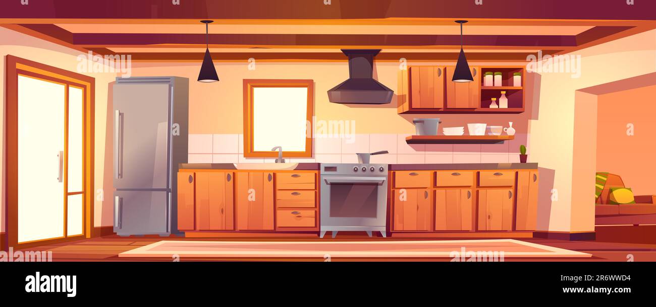 Rustic kitchen empty interior with appliances and western wooden furniture. Table, oven, range hood, refrigerator and utensil. Equipment for cooking in retro vintage style, Cartoon vector illustration Stock Vector