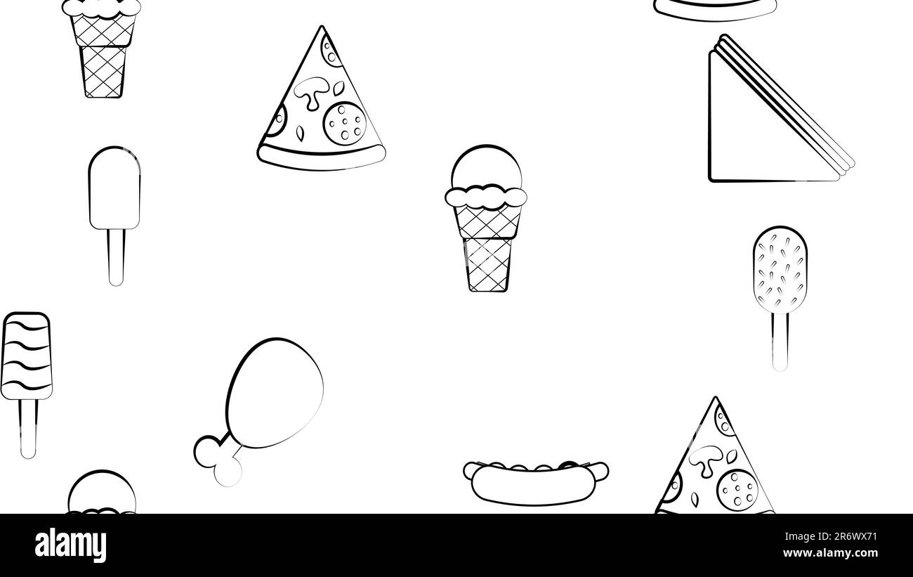 Black and white endless seamless pattern of food and snack items icons
