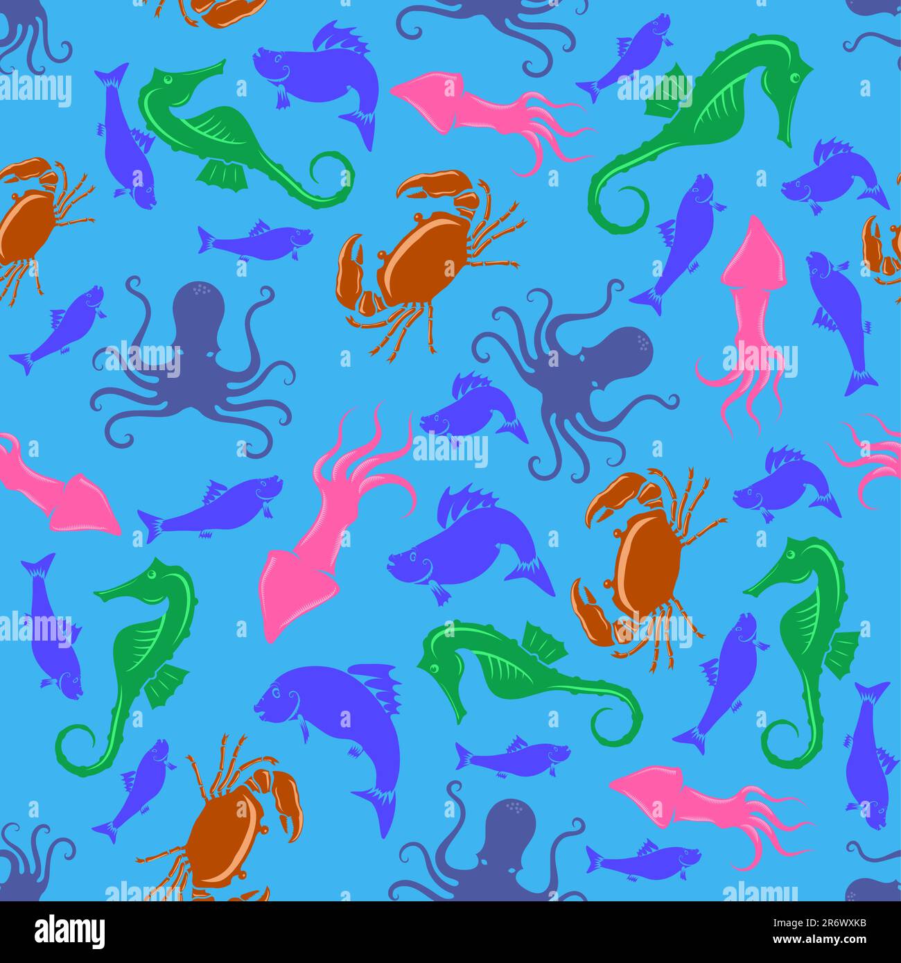 Vector Colored Seahorse, Crab, Octopus, Squid Icon. Fish design on Blue ...