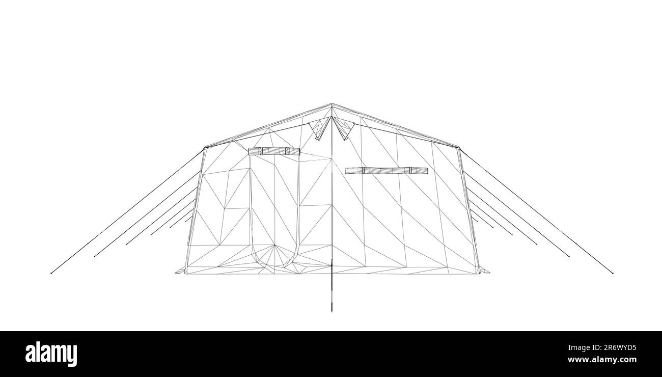 Wireframe black white tent. Vector illustration isolated on white background. Tent for hiking and traveling, military. Wireframe tent for wild life in Stock Vector
