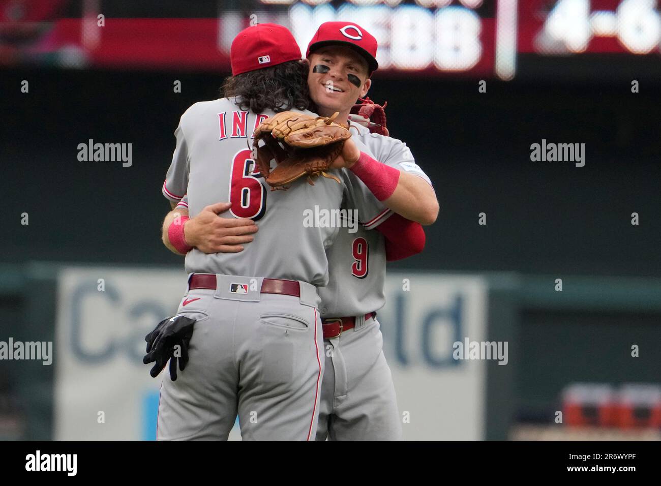 Cincinnati Reds' Jonathan India (6) and Matt McLain (9) celebrate