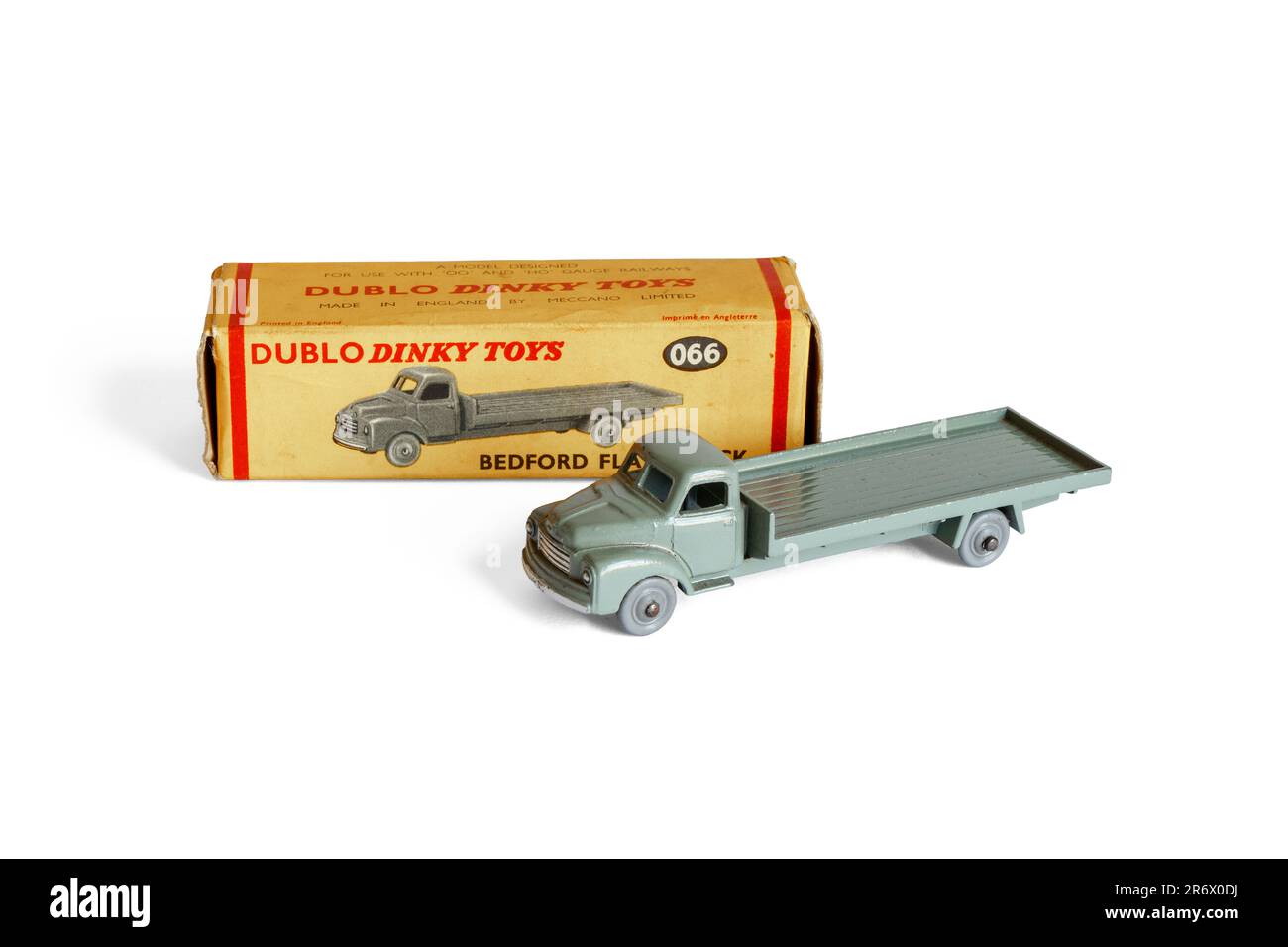1950s Dinky Dublo Bedford Flatbed Truck toy car with original box, isolated on a white background, UK Stock Photo