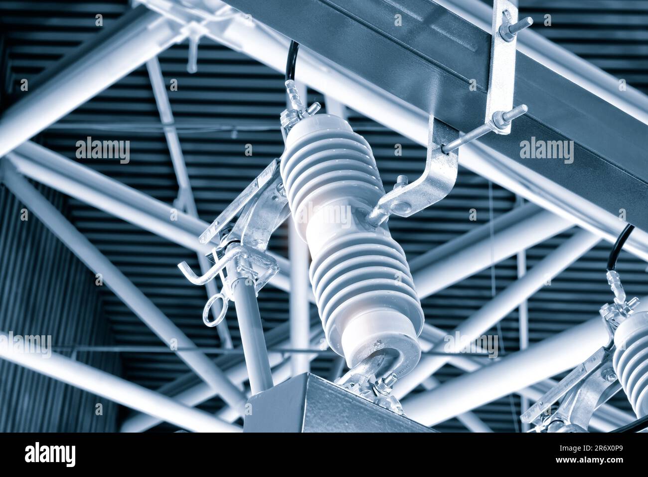 High Voltage electric wires cap and pin insulator detail Stock Photo