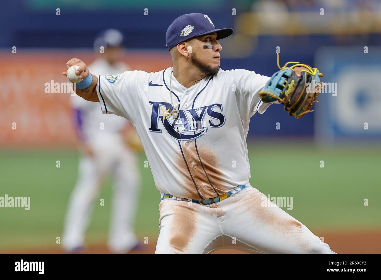 St. Petersburg, FL. USA; Tampa Bay Rays third baseman Isaac Paredes (17)  fields a ball hit to the infield and throws to first for the out during a  ma Stock Photo - Alamy